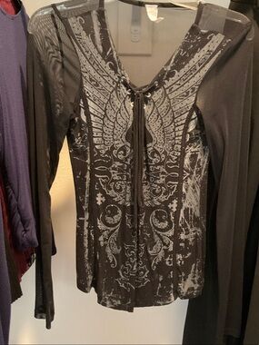Affliction Black Lace-Up Wing Graphic Long Sleeve Tunic